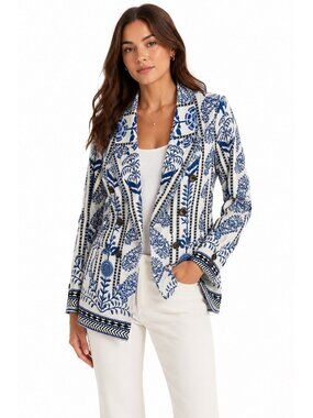 A LOVES A jacket blazer blue floral SMALL linen cotton double breasted resort